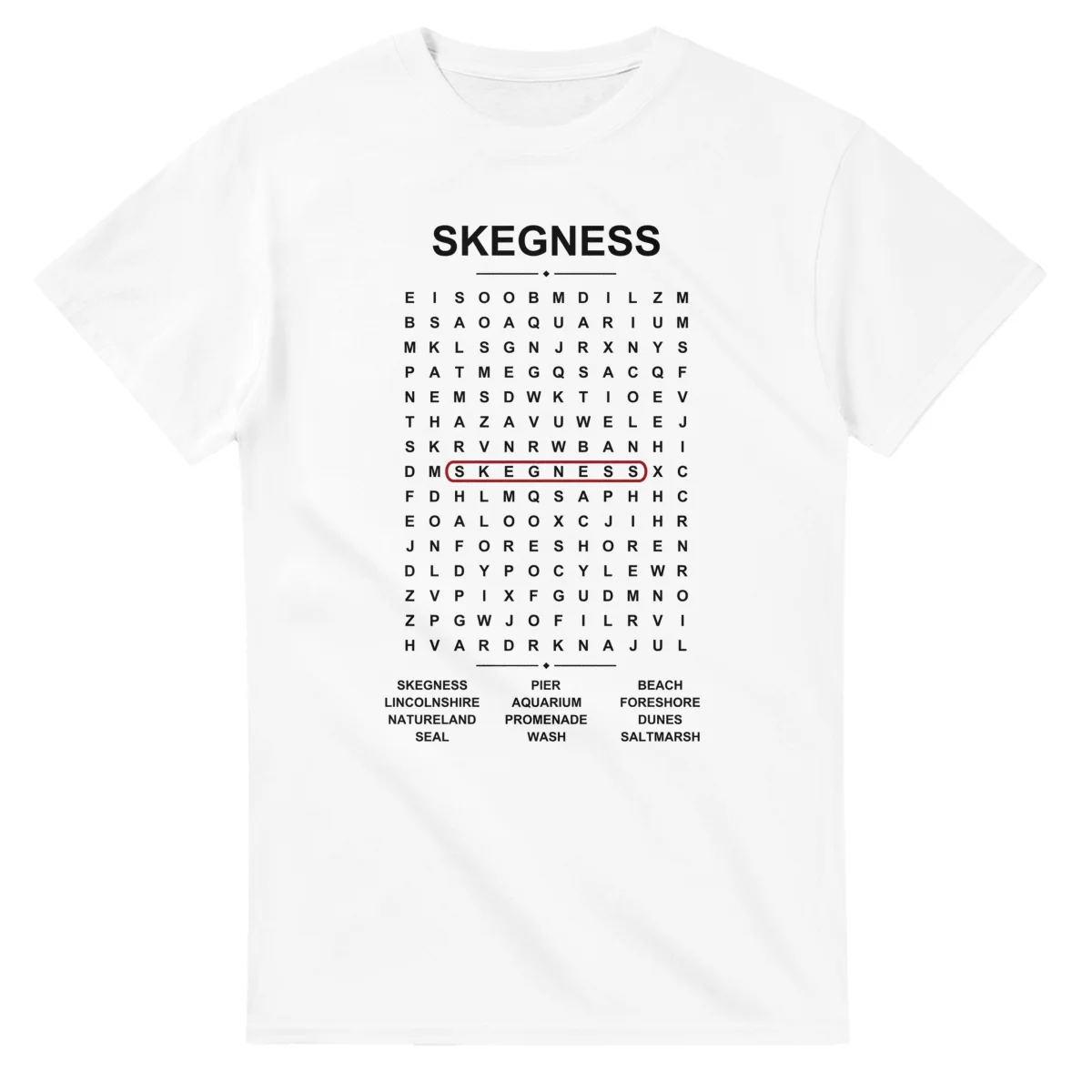 Word-search sheet for Skegness, with a large place-name heading, a letter grid, a local answer list, and a red highlighted example word.