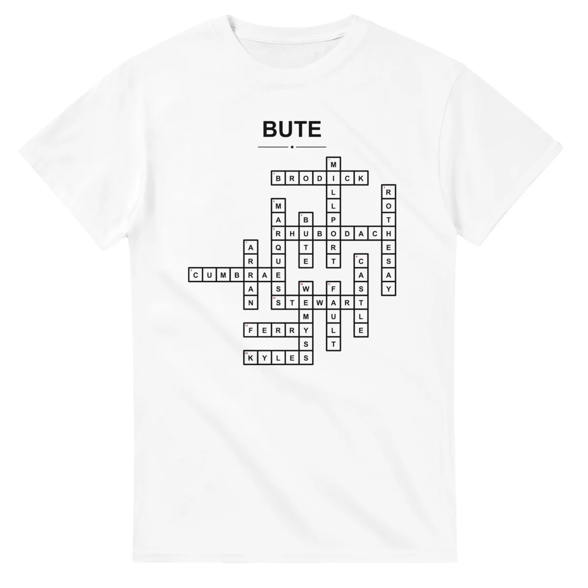 Monochrome crossword sheet for Bute, with a large place-name heading, a letter grid, and numbered across and down clues.