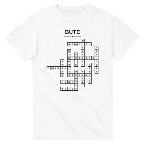Monochrome crossword sheet for Bute, with a large place-name heading, a letter grid, and numbered across and down clues.