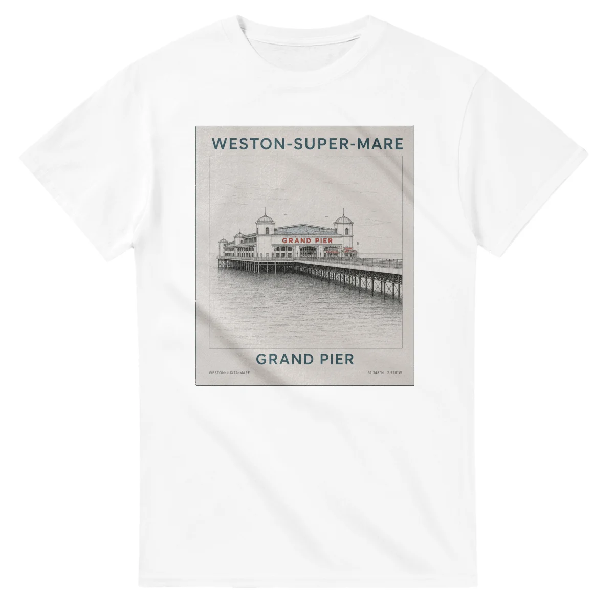 Fine-line engraving-style drawing for Weston-super-Mare, with a landmark caption and small coordinate text.
