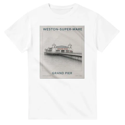 Fine-line engraving-style drawing for Weston-super-Mare, with a landmark caption and small coordinate text.
