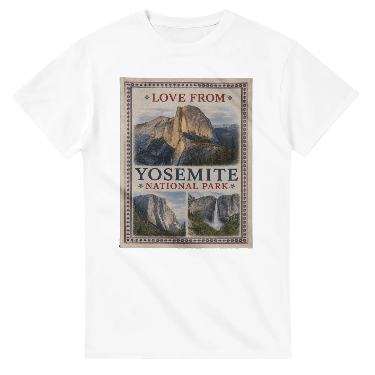Framed scenic design for Yosemite National Park, with several local views, a decorative border and LOVE FROM lettering.