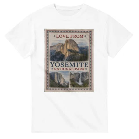 Framed scenic design for Yosemite National Park, with several local views, a decorative border and LOVE FROM lettering.