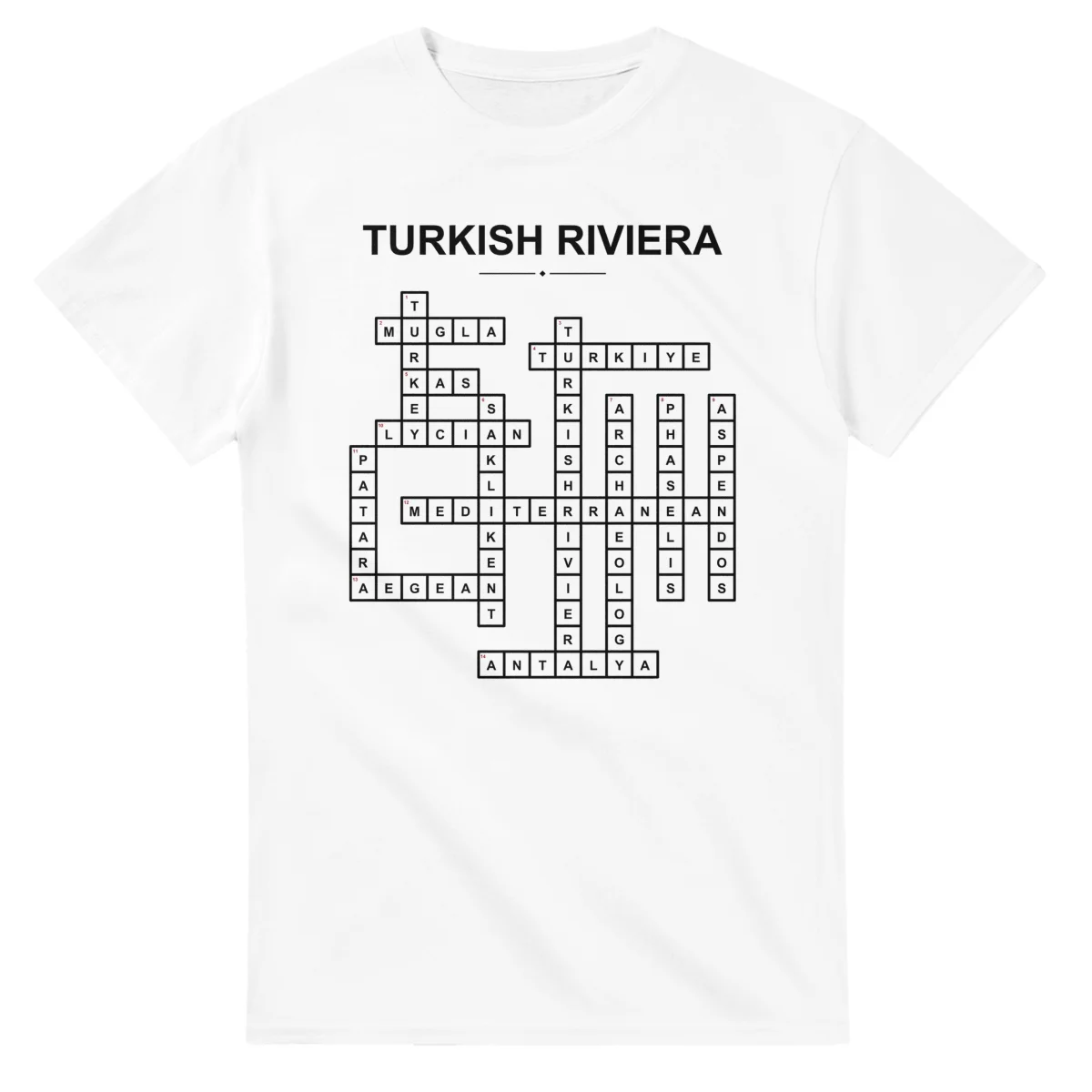 Monochrome crossword sheet for Turkish Riviera, with a large place-name heading, a letter grid, and numbered across and down clues.