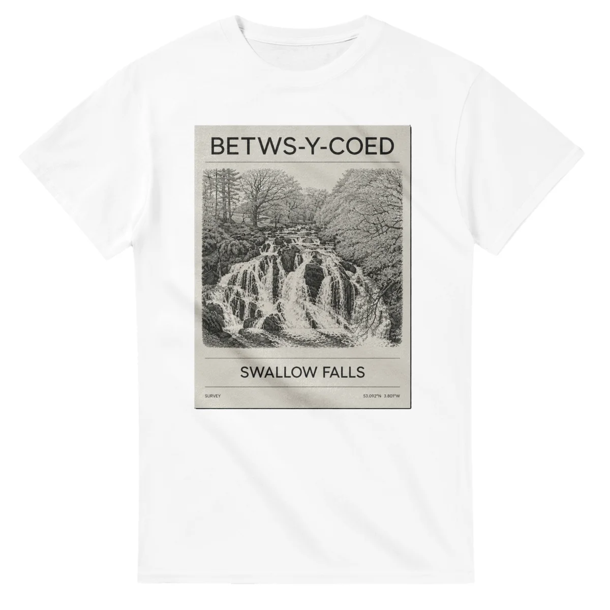 Fine-line engraving-style drawing for Betws-y-Coed, with a landmark caption and small coordinate text.