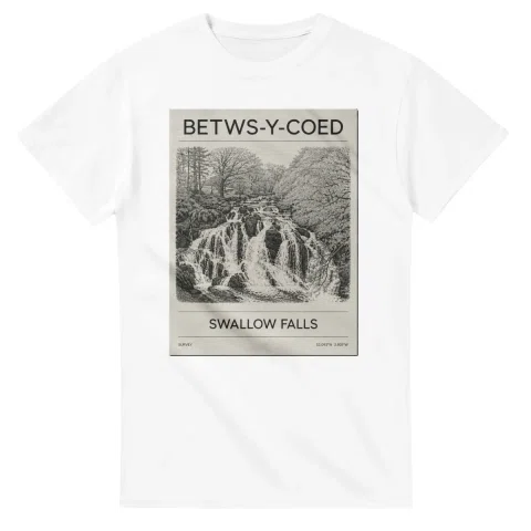 Fine-line engraving-style drawing for Betws-y-Coed, with a landmark caption and small coordinate text.