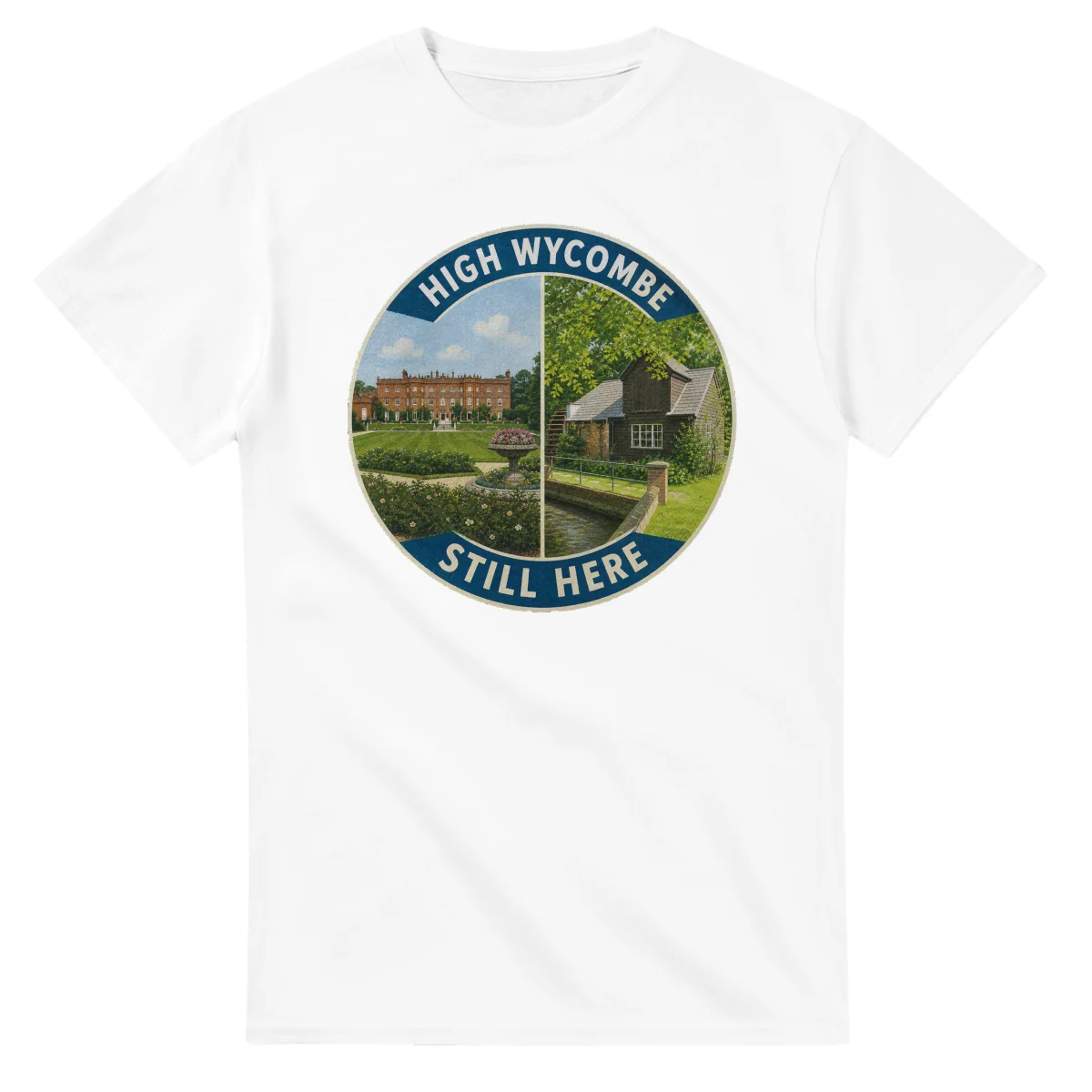 Painted, panelled scenic illustration for High Wycombe, with paired local scenes and the place name in lettering.