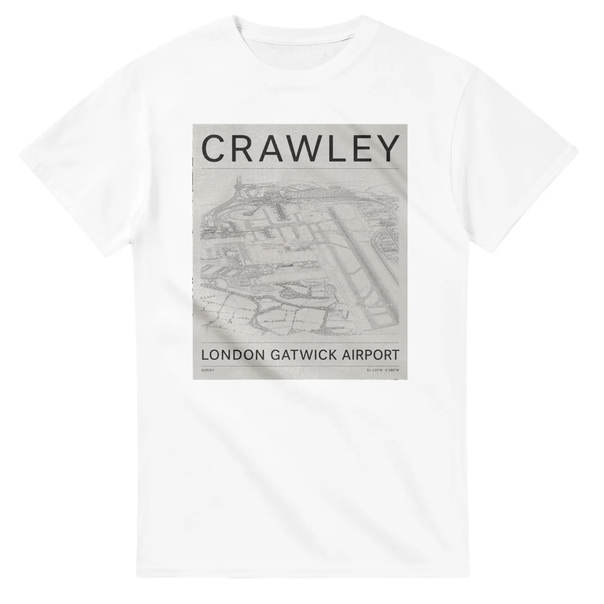 Fine-line engraving-style drawing for Crawley, with a landmark caption and small coordinate text.
