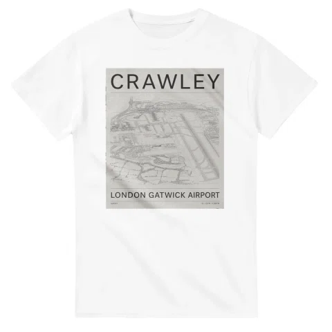 Fine-line engraving-style drawing for Crawley, with a landmark caption and small coordinate text.