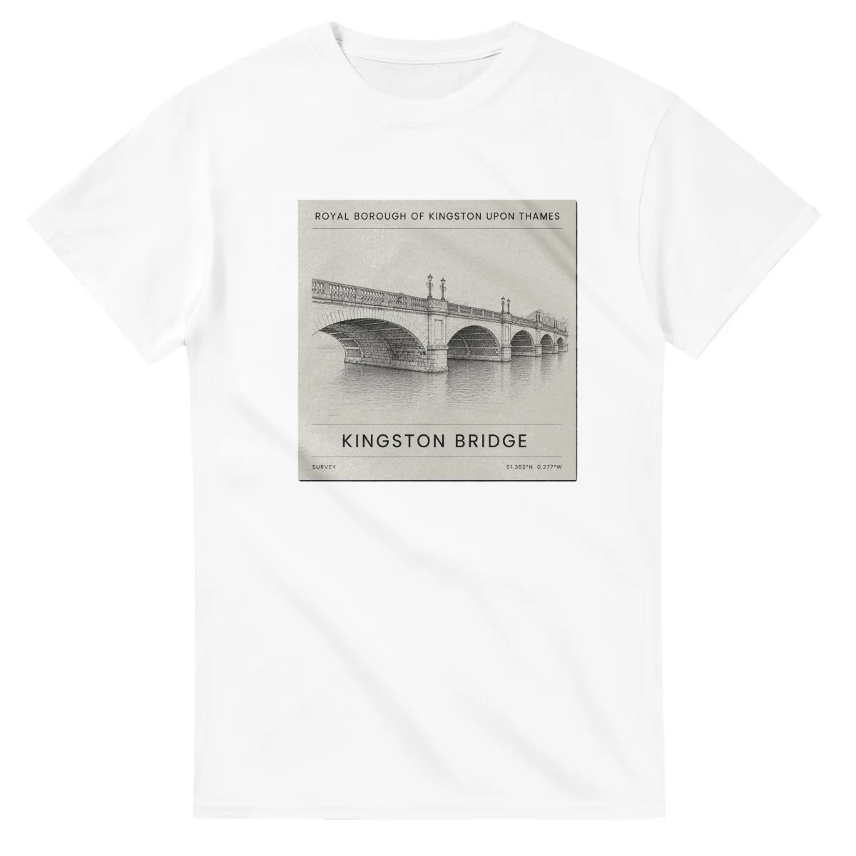 Fine-line engraving-style drawing for Royal Borough of Kingston upon Thames, with a landmark caption and small coordinate text.