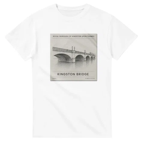Fine-line engraving-style drawing for Royal Borough of Kingston upon Thames, with a landmark caption and small coordinate text.