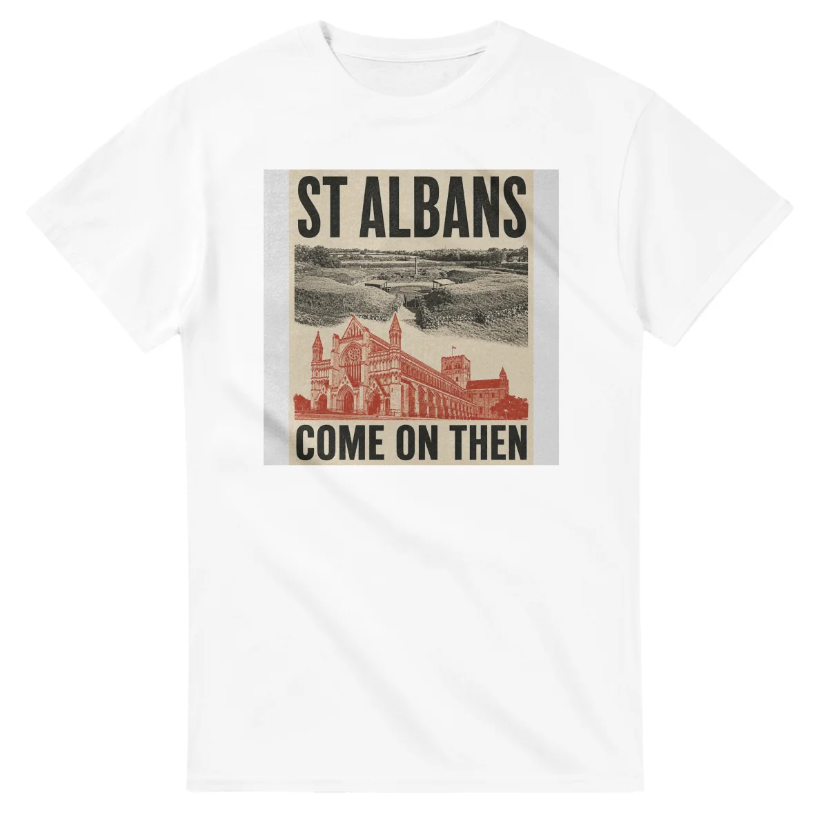 Two-colour scenic illustration for St Albans, with the place name and COME ON THEN lettering.