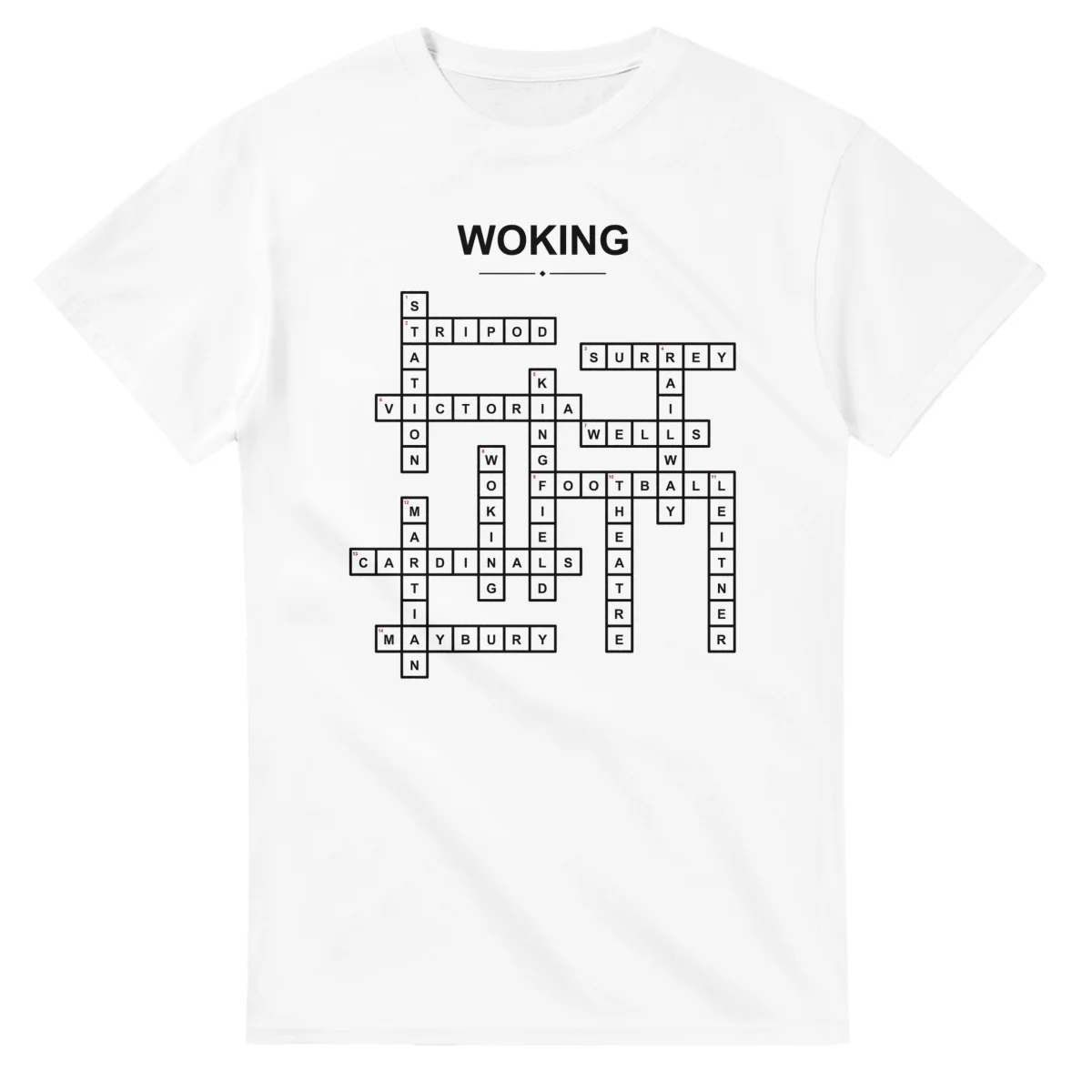 Monochrome crossword sheet for Woking, with a large place-name heading, a letter grid, and numbered across and down clues.
