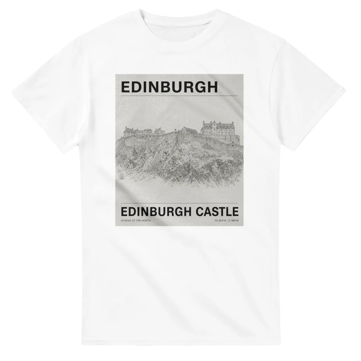 Fine-line engraving-style drawing for Edinburgh, with a landmark caption and small coordinate text.
