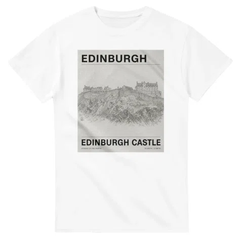 Fine-line engraving-style drawing for Edinburgh, with a landmark caption and small coordinate text.