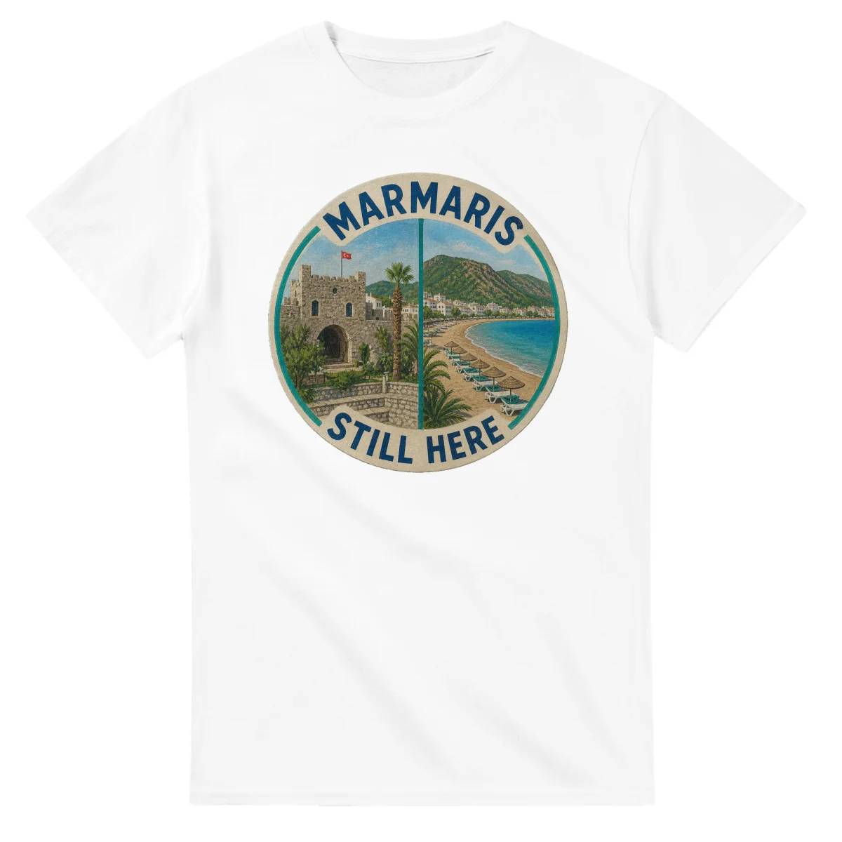 Painted, panelled scenic illustration for Marmaris, with paired local scenes and the place name in lettering.