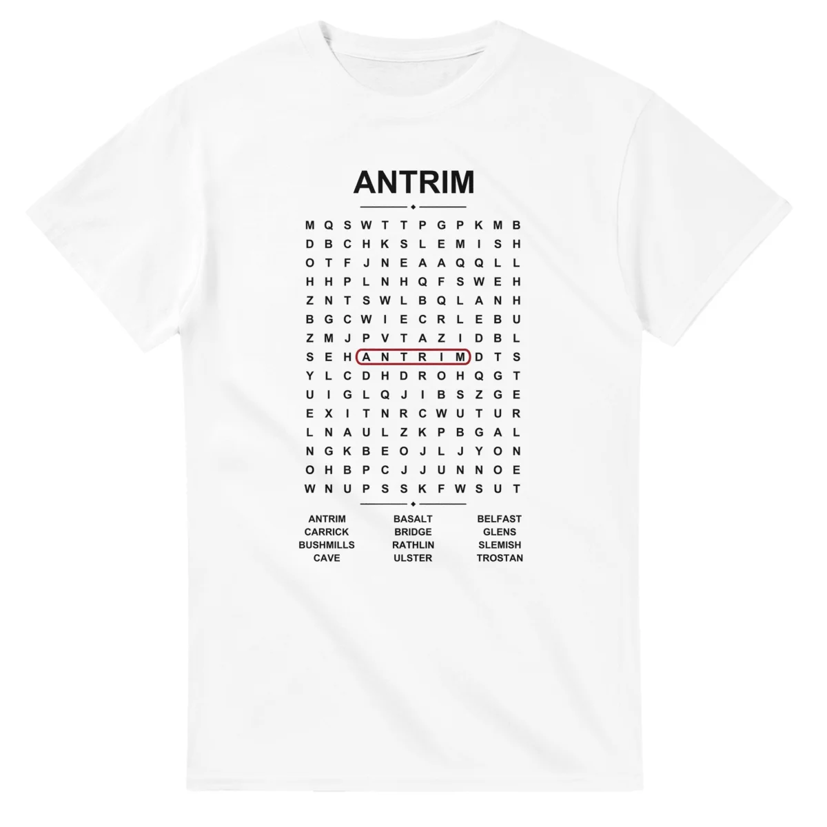 Word-search sheet for Antrim, with a large place-name heading, a letter grid, a local answer list, and a red highlighted example word.