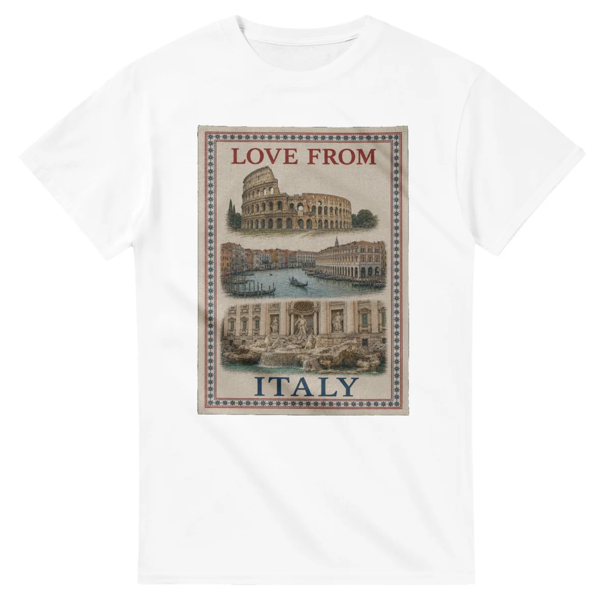 Framed scenic design for Italy, with several local views, a decorative border and LOVE FROM lettering.