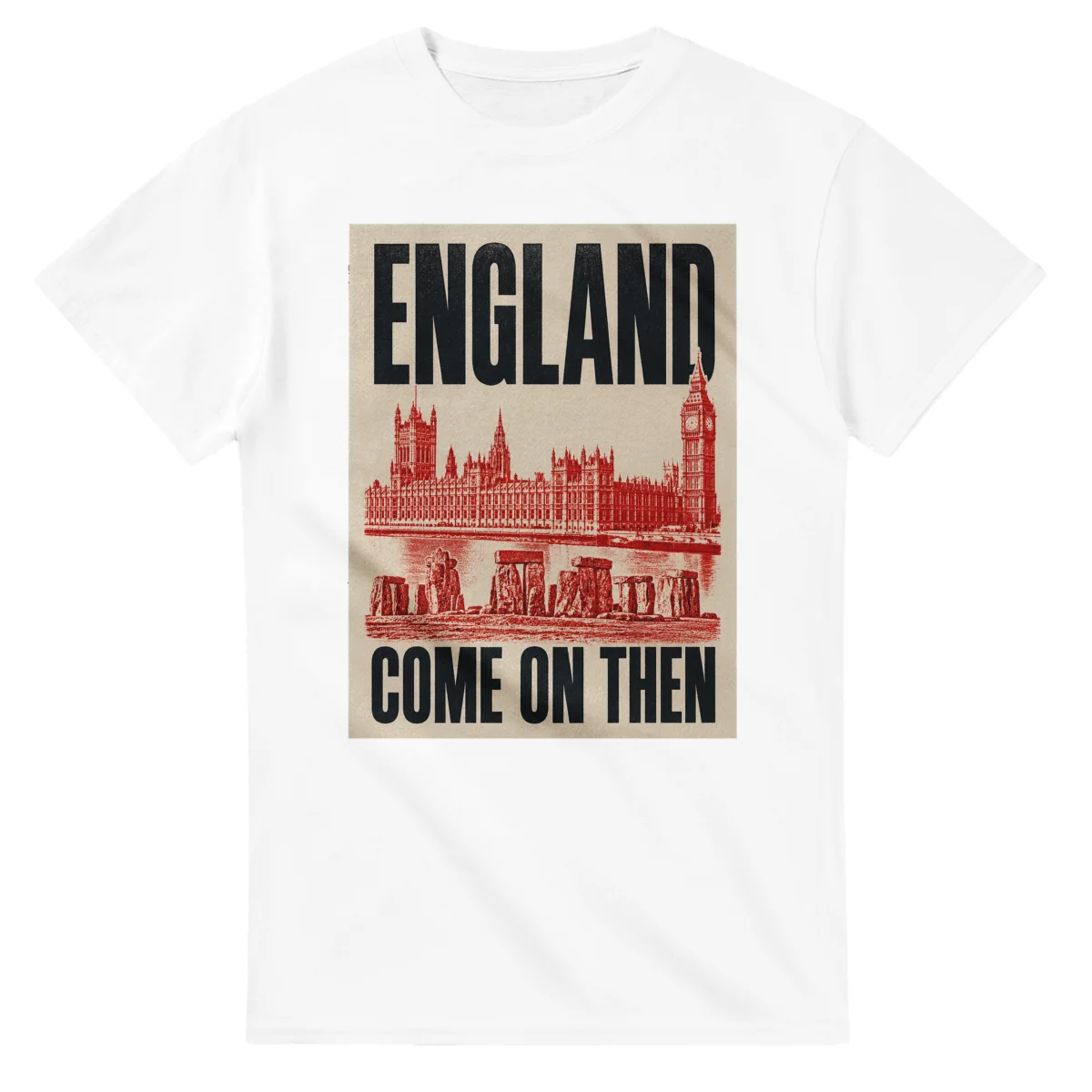 Two-colour scenic illustration for England, with the place name and COME ON THEN lettering.