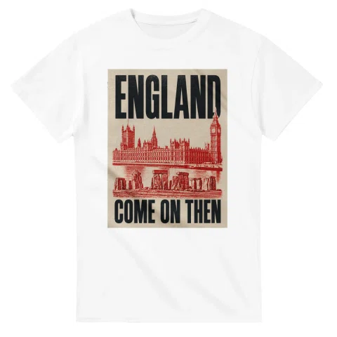 Two-colour scenic illustration for England, with the place name and COME ON THEN lettering.