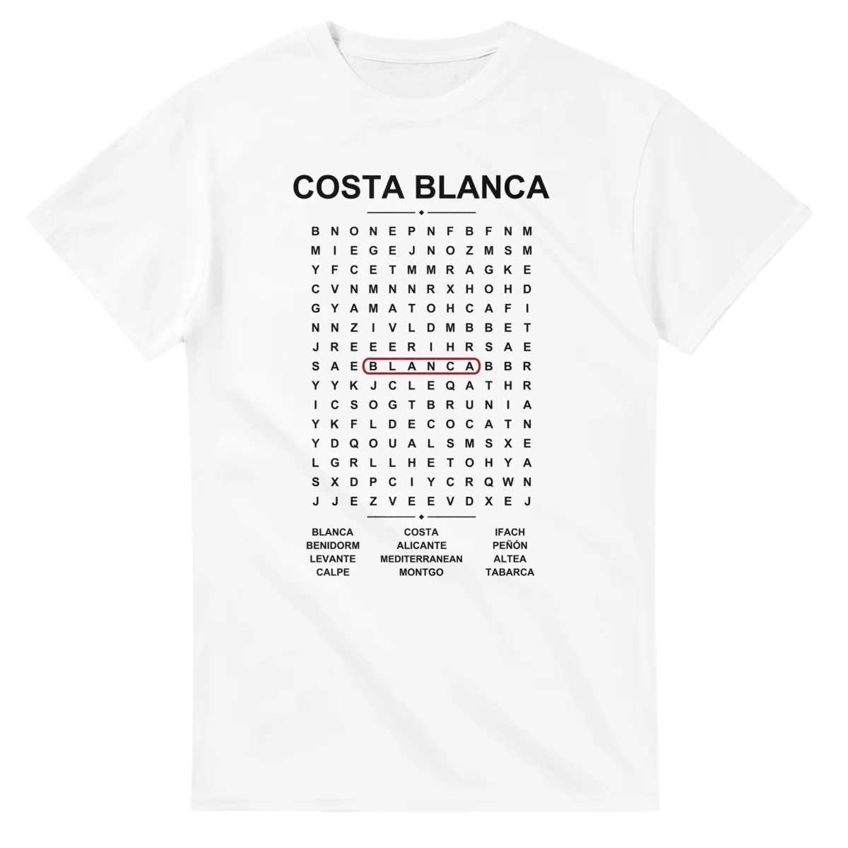 Word-search sheet for Costa Blanca, with a large place-name heading, a letter grid, a local answer list, and a red highlighted example word.