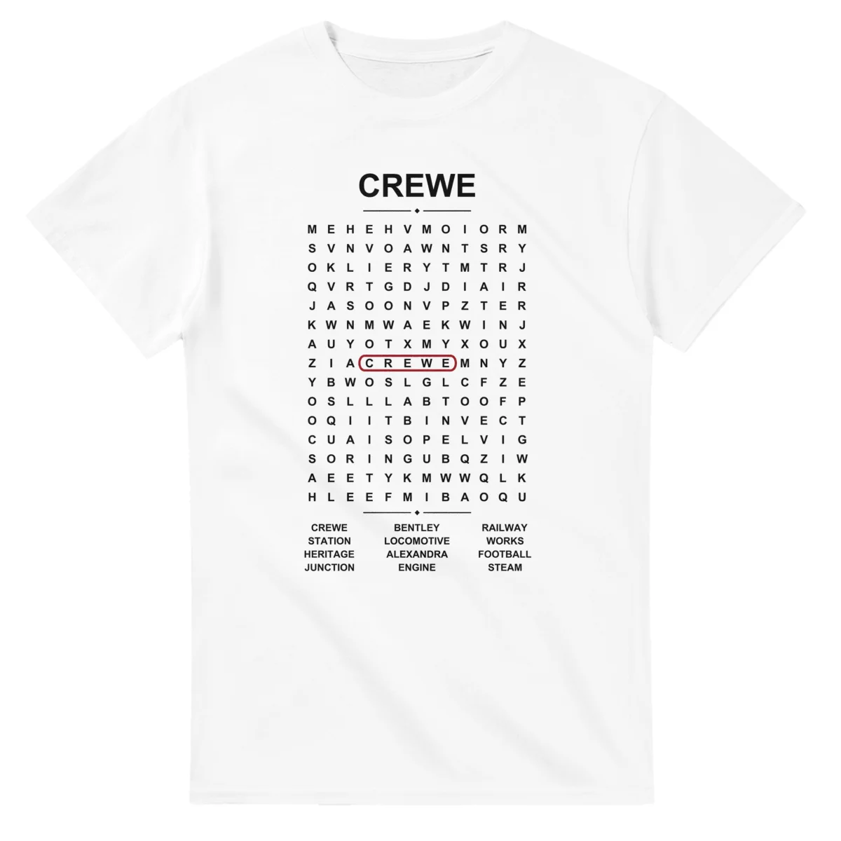 Word-search sheet for Crewe, with a large place-name heading, a letter grid, a local answer list, and a red highlighted example word.