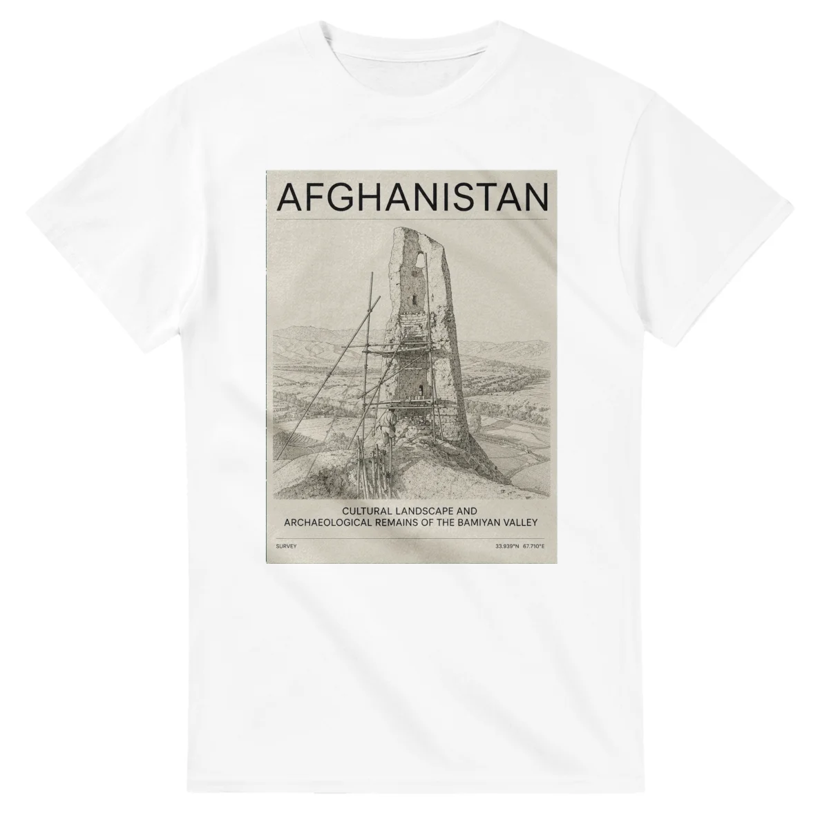 Fine-line engraving-style drawing for Afghanistan, with a landmark caption and small coordinate text.