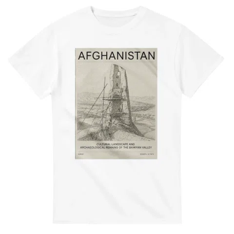 Fine-line engraving-style drawing for Afghanistan, with a landmark caption and small coordinate text.