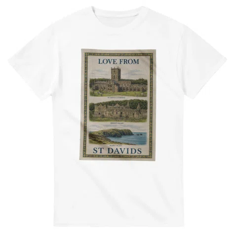 Framed scenic design for St Davids, with several local views, a decorative border and LOVE FROM lettering.