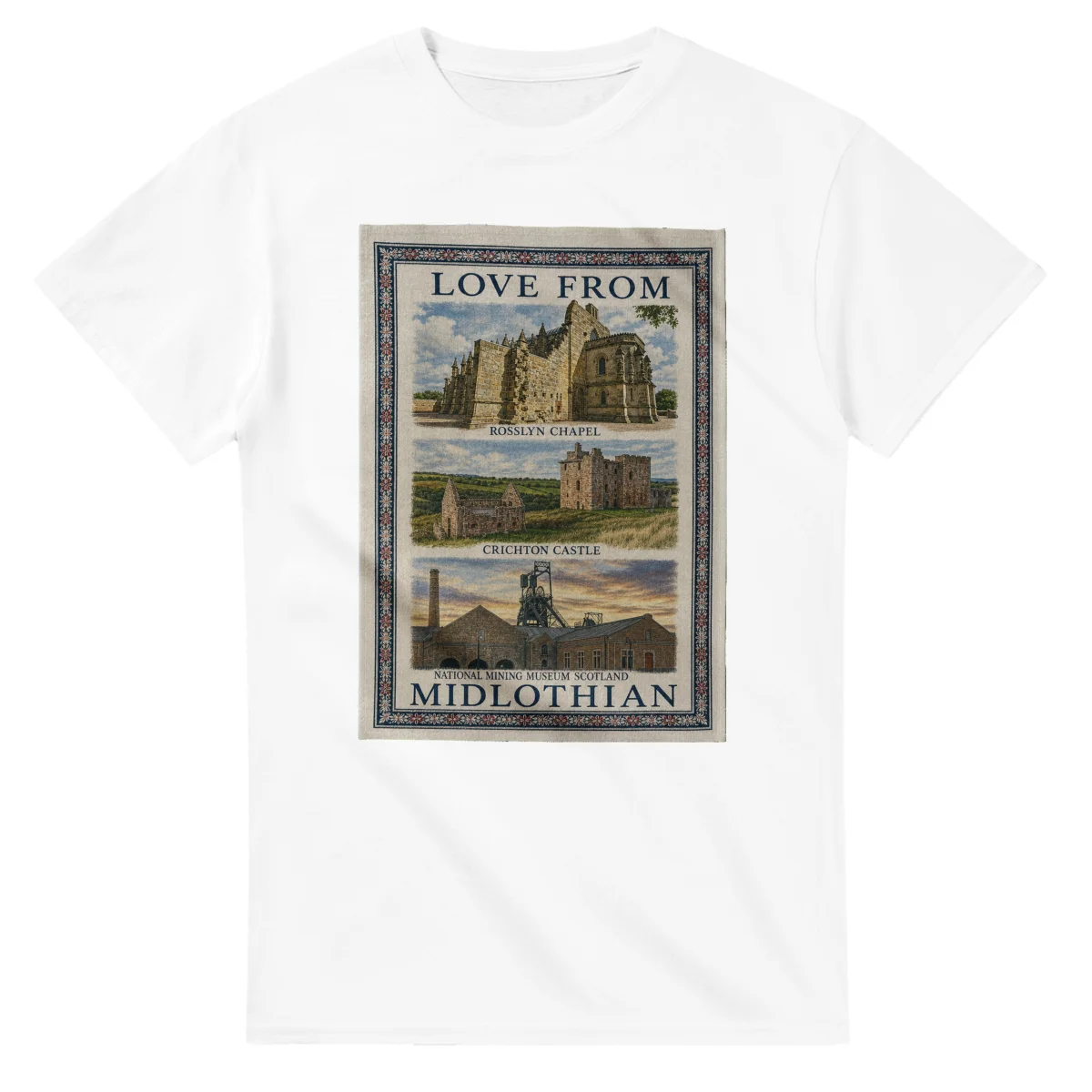 Framed scenic design for Midlothian, with several local views, a decorative border and LOVE FROM lettering.