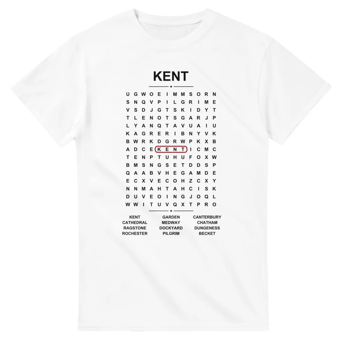 Word-search sheet for Kent, with a large place-name heading, a letter grid, a local answer list, and a red highlighted example word.