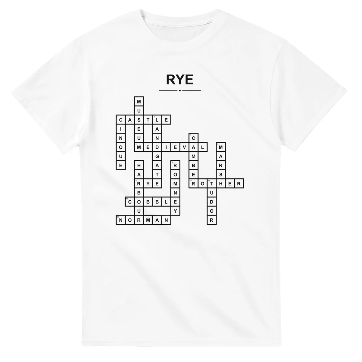 Monochrome crossword sheet for Rye, with a large place-name heading, a letter grid, and numbered across and down clues.