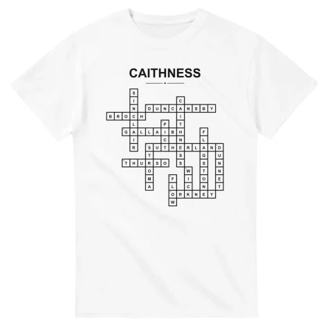 Monochrome crossword sheet for Caithness, with a large place-name heading, a letter grid, and numbered across and down clues.