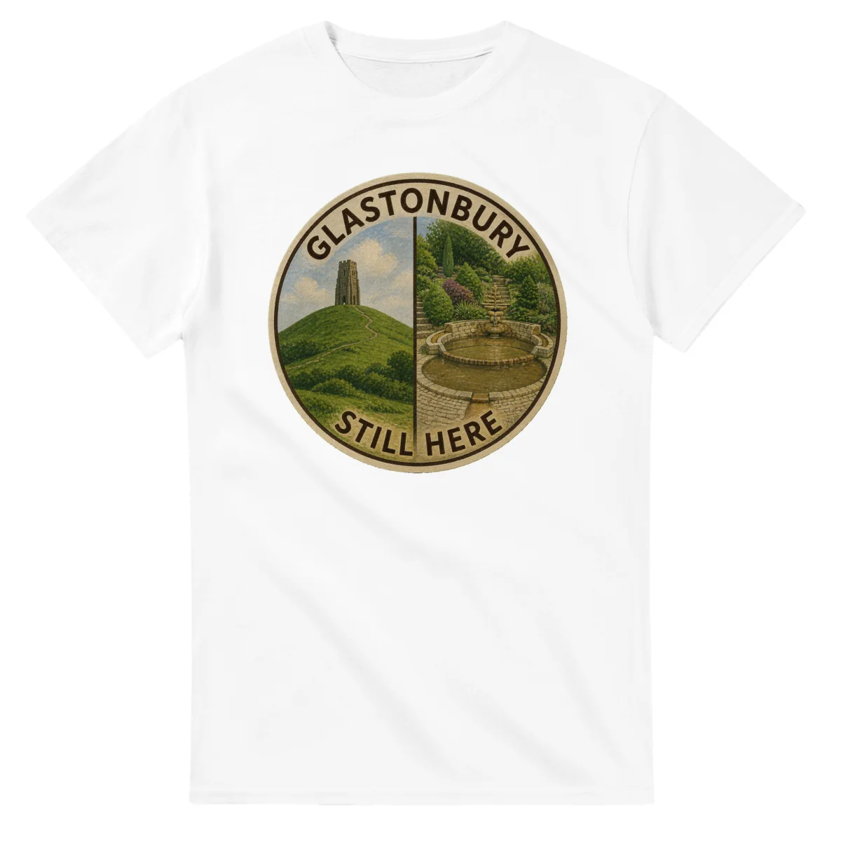 Painted, panelled scenic illustration for Glastonbury, with paired local scenes and the place name in lettering.