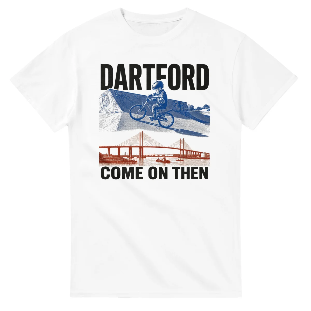 Two-colour scenic illustration for Dartford, with the place name and COME ON THEN lettering.