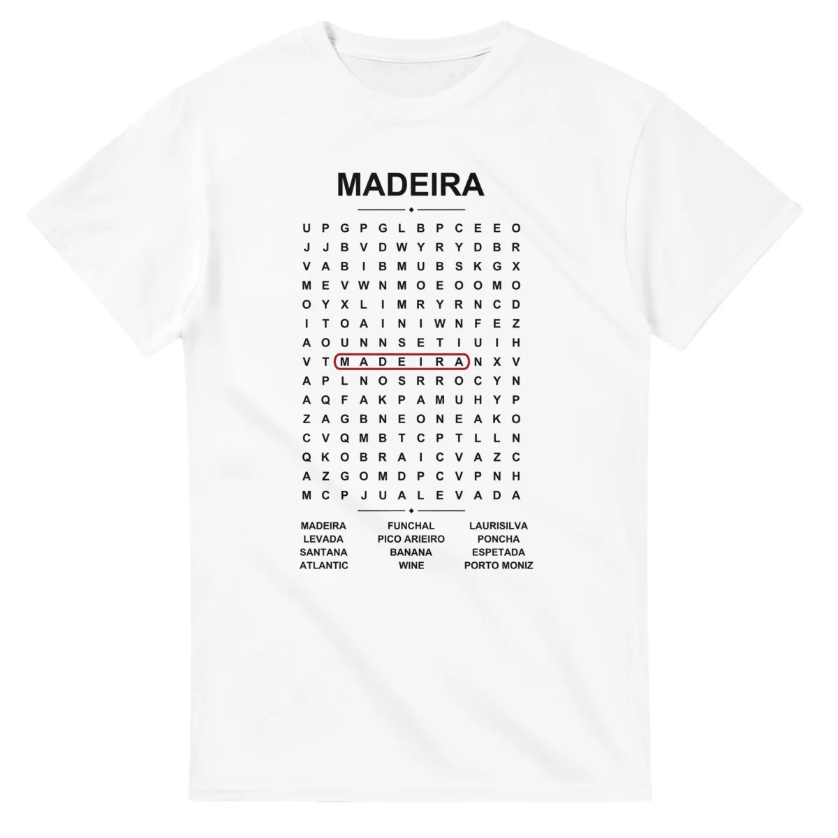 Word-search sheet for Madeira, with a large place-name heading, a letter grid, a local answer list, and a red highlighted example word.