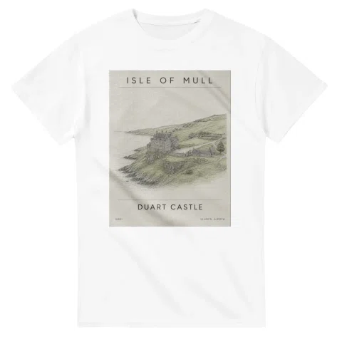 Fine-line engraving-style drawing for Isle of Mull, with a landmark caption and small coordinate text.
