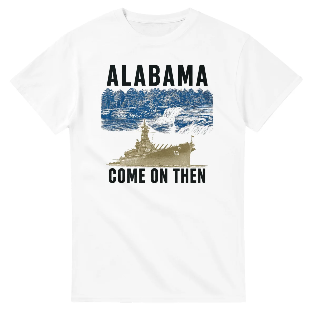 Two-colour scenic illustration for Alabama, with the place name and COME ON THEN lettering.