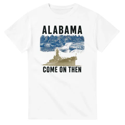 Two-colour scenic illustration for Alabama, with the place name and COME ON THEN lettering.