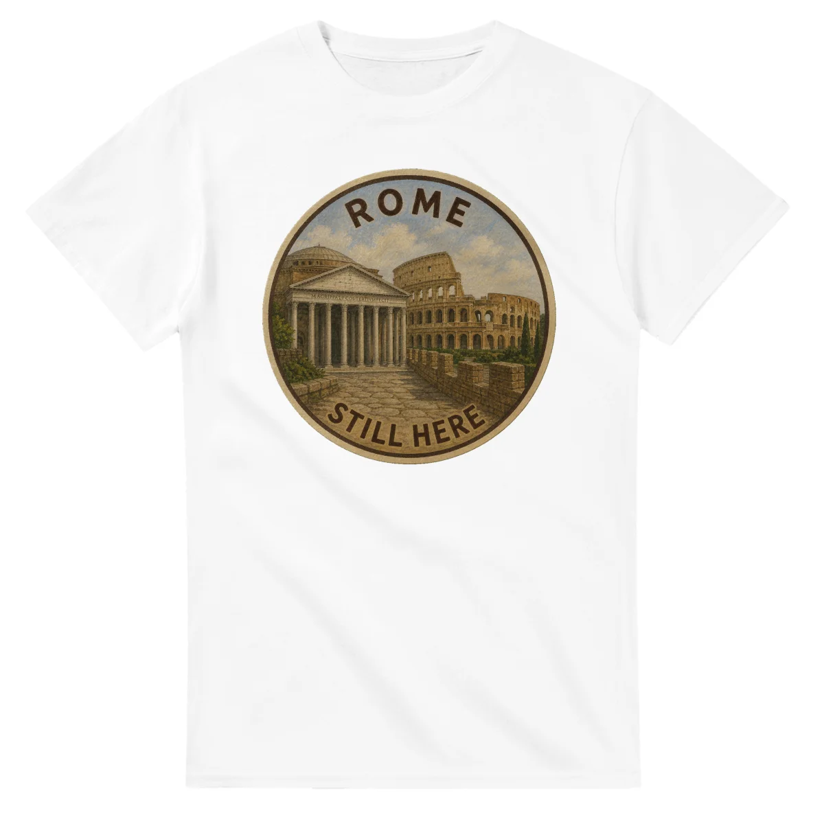 Painted, panelled scenic illustration for Rome, with paired local scenes and the place name in lettering.