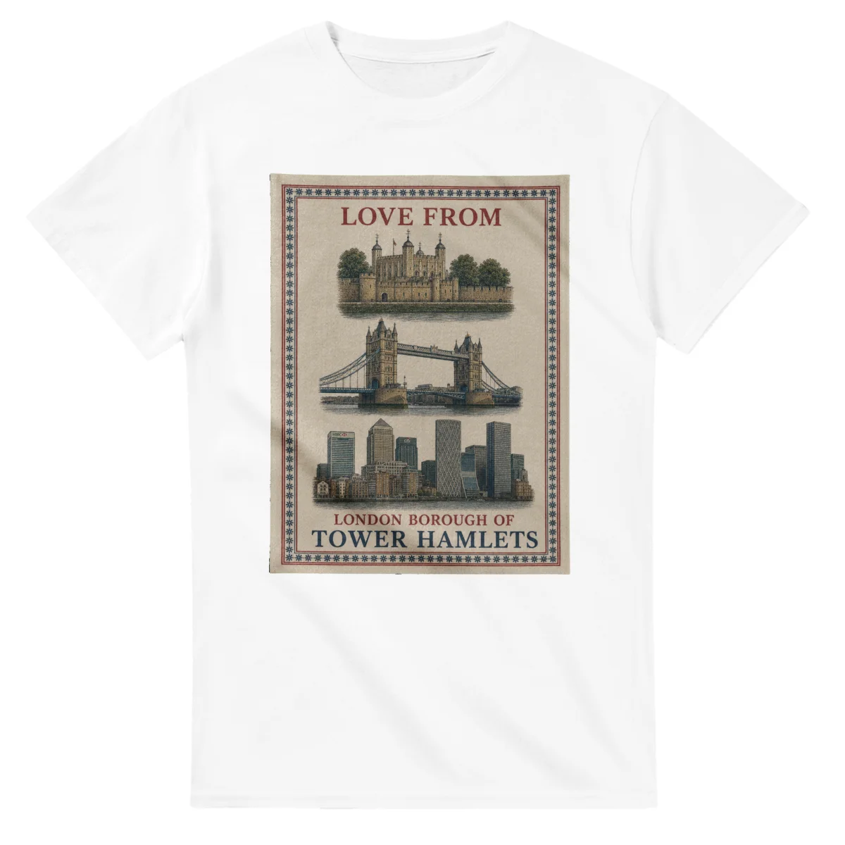 Framed scenic design for London Borough of Tower Hamlets, with several local views, a decorative border and LOVE FROM lettering.