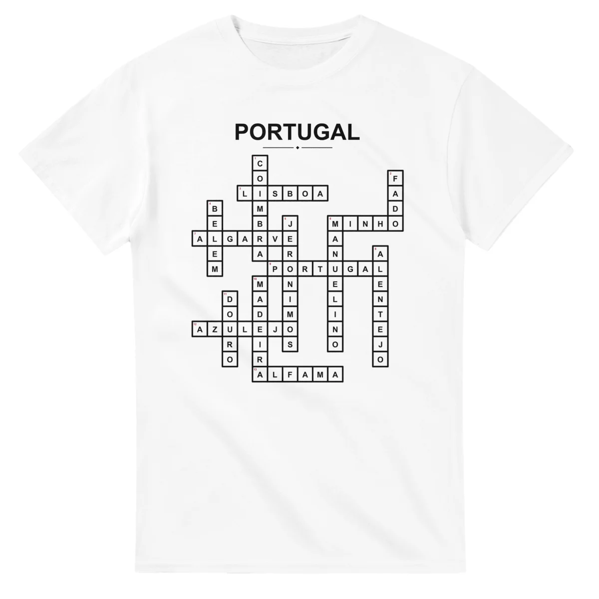 Monochrome crossword sheet for Portugal, with a large place-name heading, a letter grid, and numbered across and down clues.