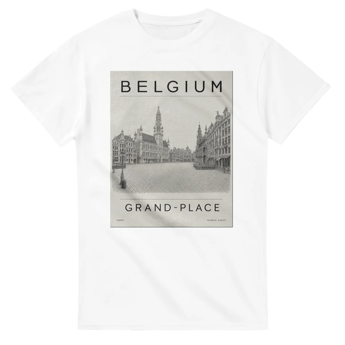 Fine-line engraving-style drawing for Belgium, with a landmark caption and small coordinate text.