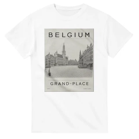 Fine-line engraving-style drawing for Belgium, with a landmark caption and small coordinate text.