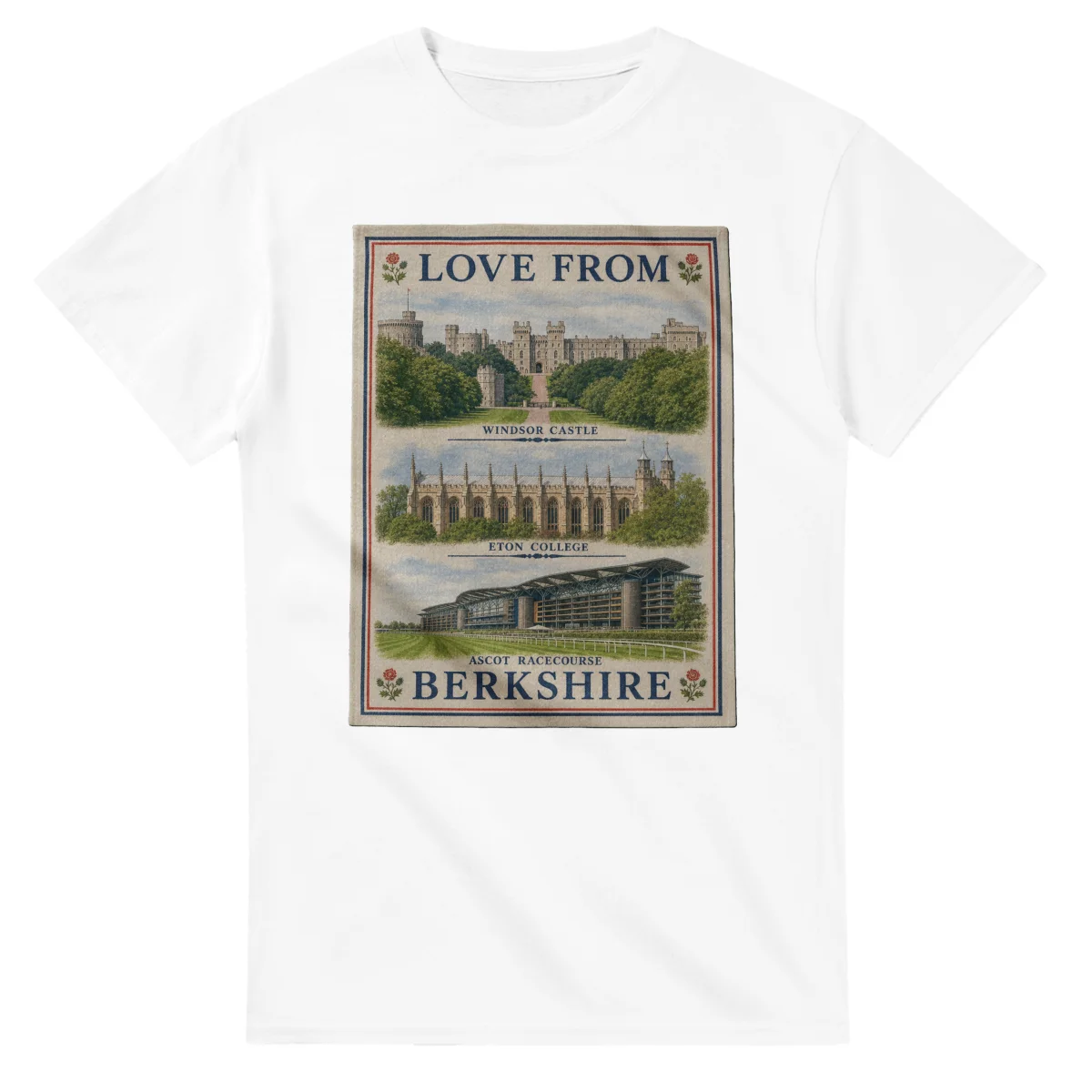 Framed scenic design for Berkshire, with several local views, a decorative border and LOVE FROM lettering.