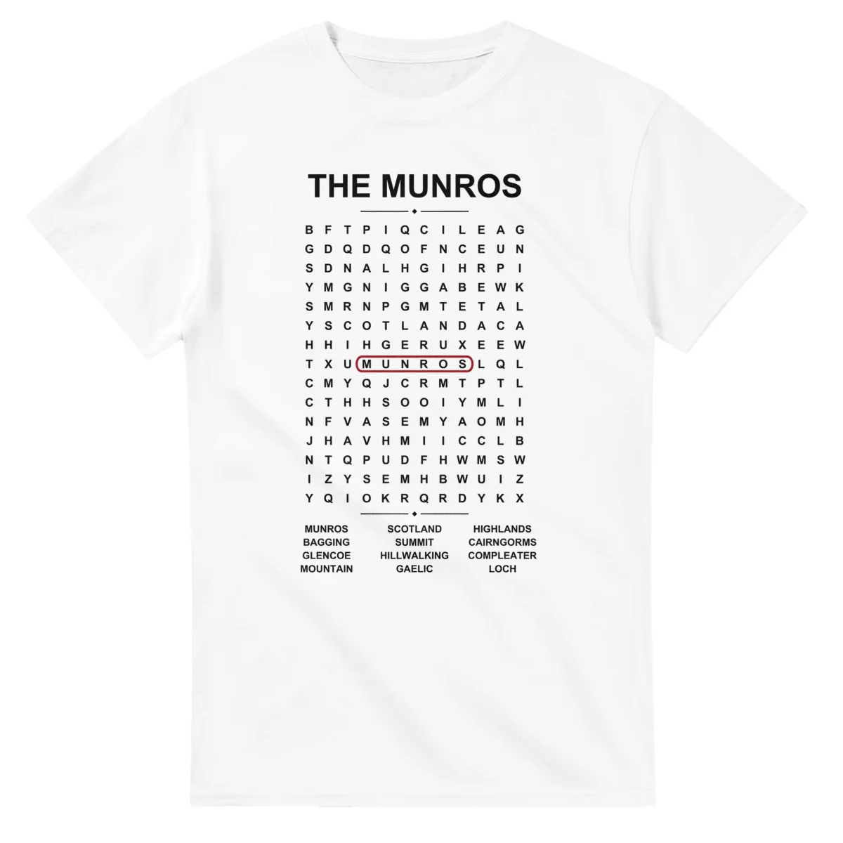 Word-search sheet for The Munros, with a large place-name heading, a letter grid, a local answer list, and a red highlighted example word.