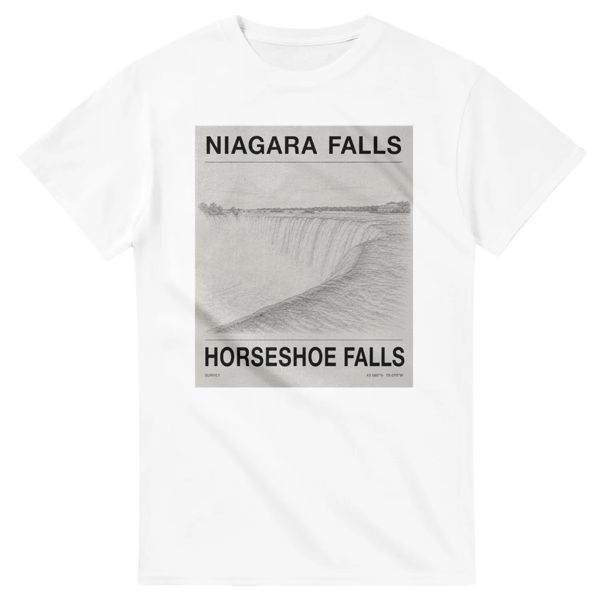 Fine-line engraving-style drawing for Niagara Falls, with a landmark caption and small coordinate text.