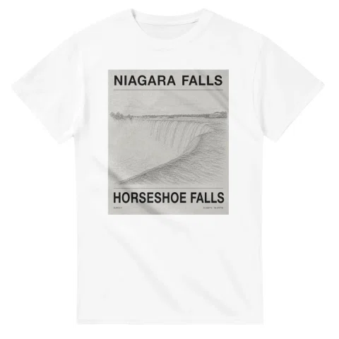 Fine-line engraving-style drawing for Niagara Falls, with a landmark caption and small coordinate text.