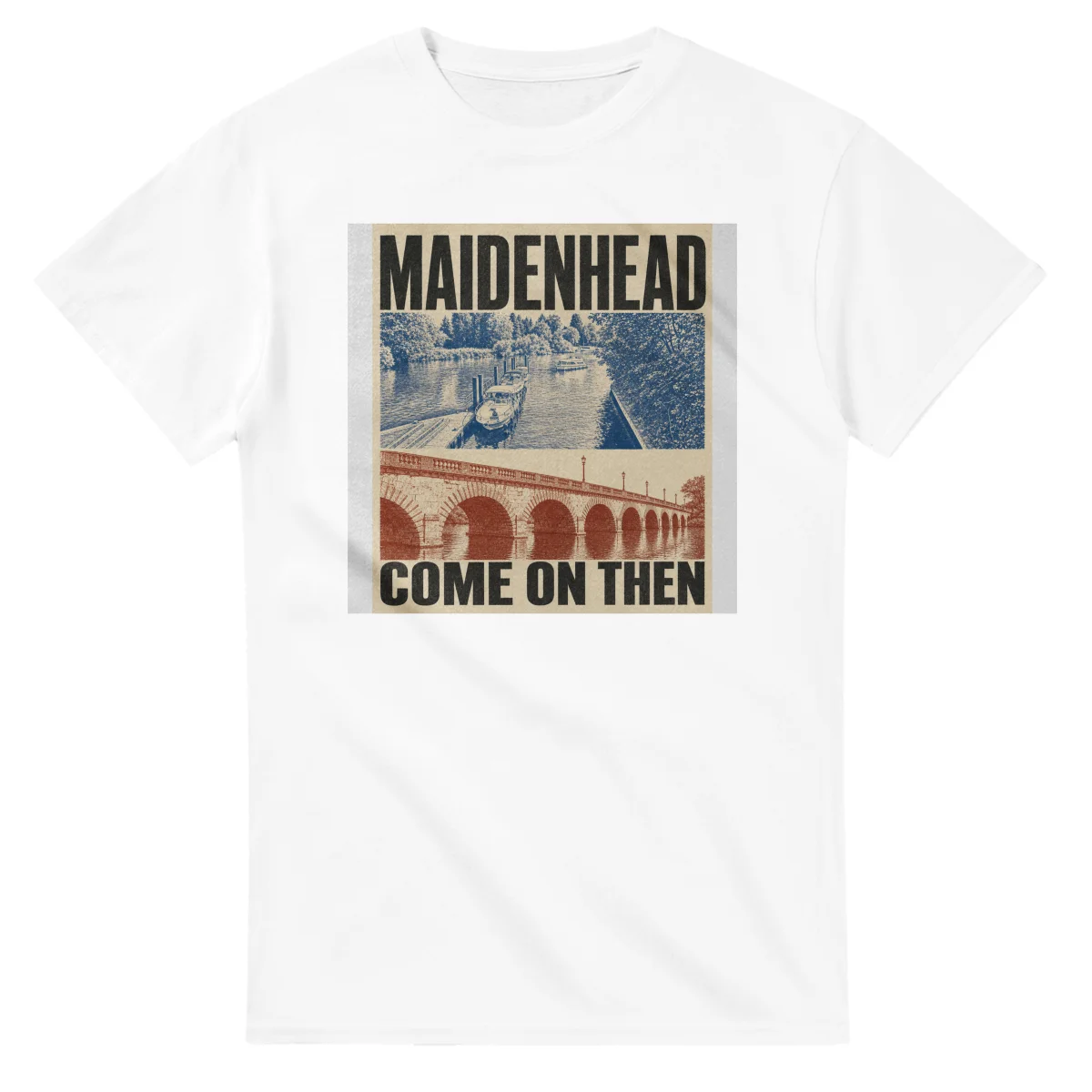 Two-colour scenic illustration for Maidenhead, with the place name and COME ON THEN lettering.