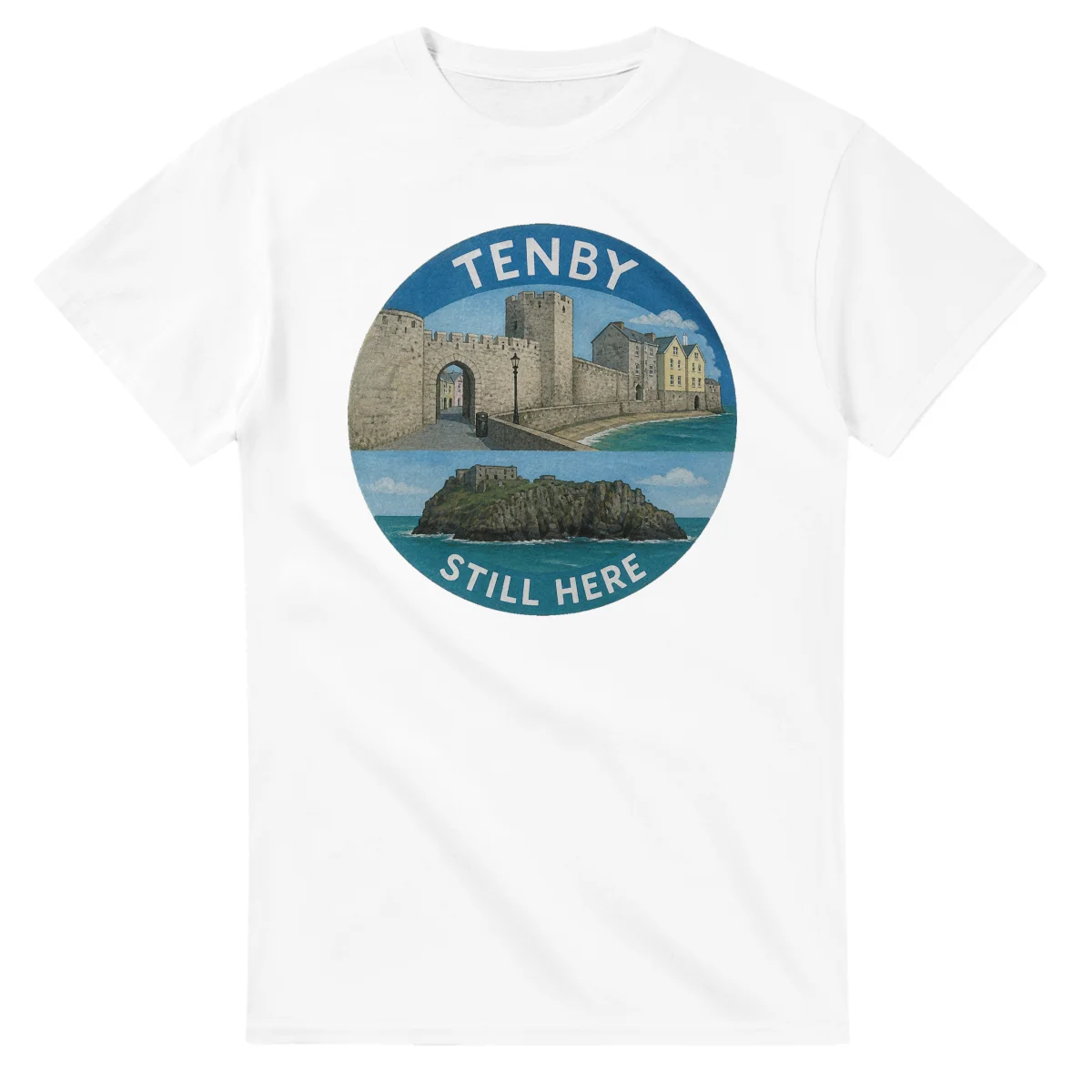 Painted, panelled scenic illustration for Tenby, with paired local scenes and the place name in lettering.